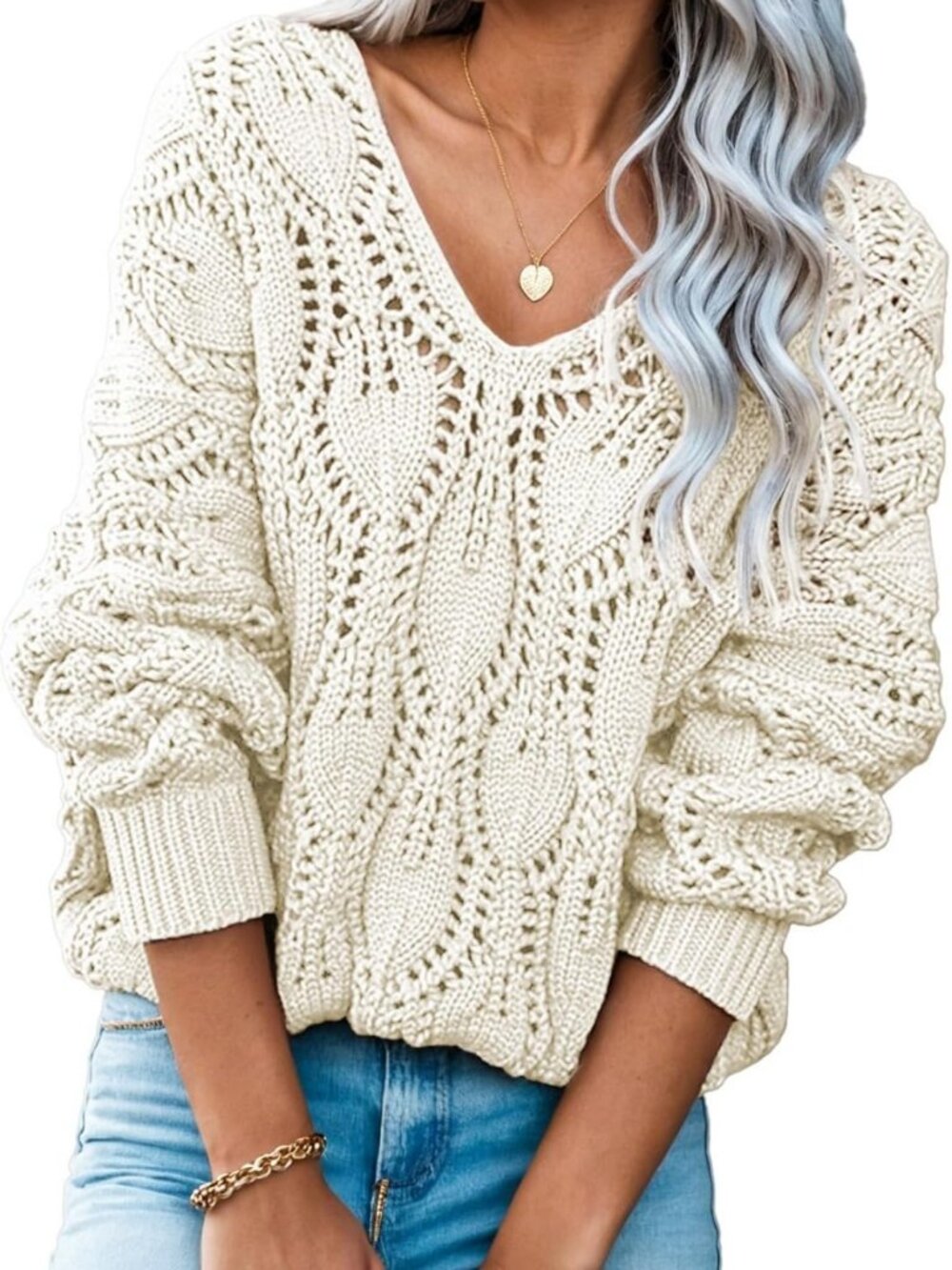 Cozy V-Neck Crochet Hollow Out Winter Pullover Sweater for Women - Stylish